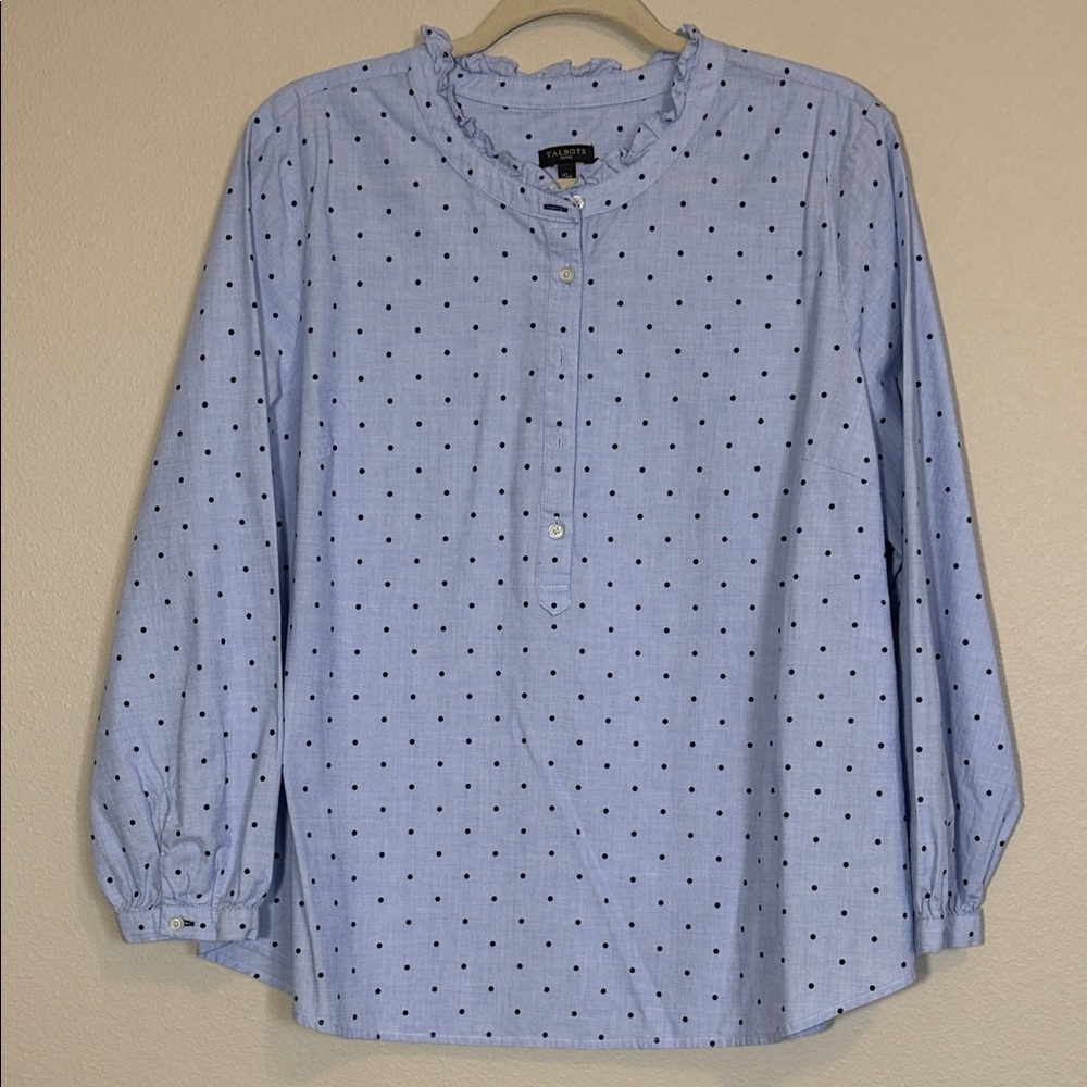 Talbots Blue Polka Dot Button Down Blouse, 100% cotton, XL Petite